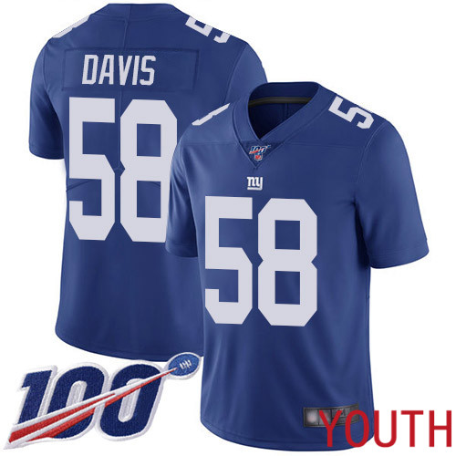 Youth New York Giants #58 Tae Davis Royal Blue Team Color Vapor Untouchable Limited Player 100th Season Football NFL Jersey